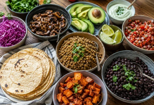 Vegetarian taco night spread with black beans, sweet potatoes, mushrooms, lentils, tortillas, avocado, salsa, cabbage, cilantro, and lime