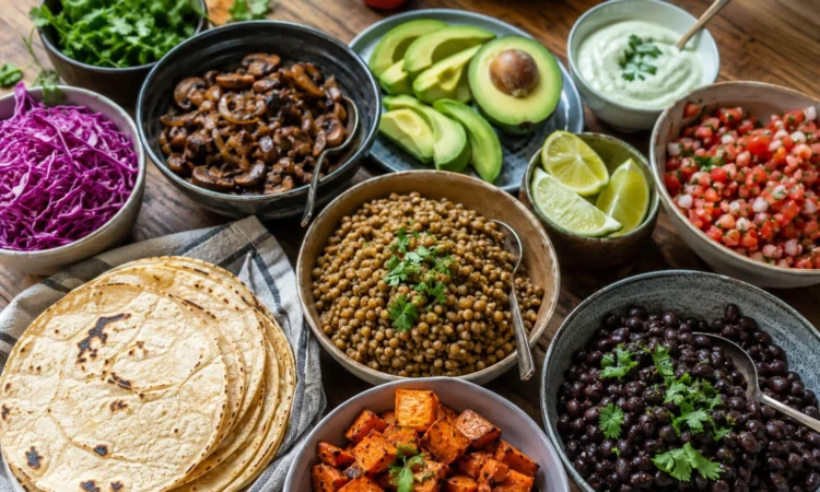 Vegetarian taco night spread with black beans, sweet potatoes, mushrooms, lentils, tortillas, avocado, salsa, cabbage, cilantro, and lime