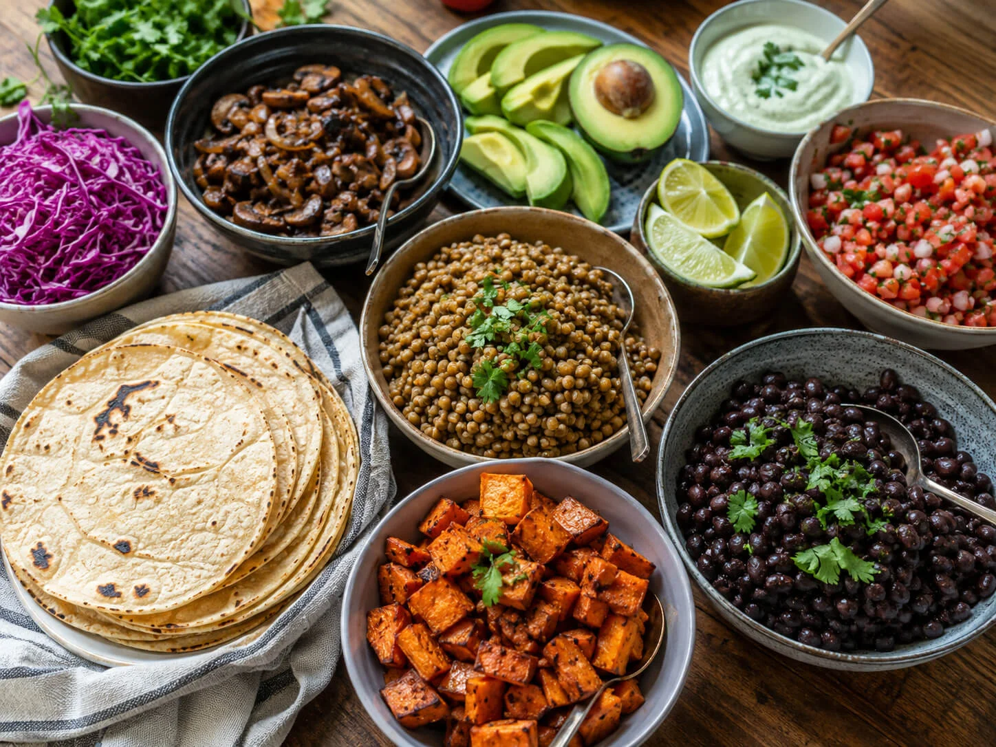 Vegetarian taco night spread with black beans, sweet potatoes, mushrooms, lentils, tortillas, avocado, salsa, cabbage, cilantro, and lime