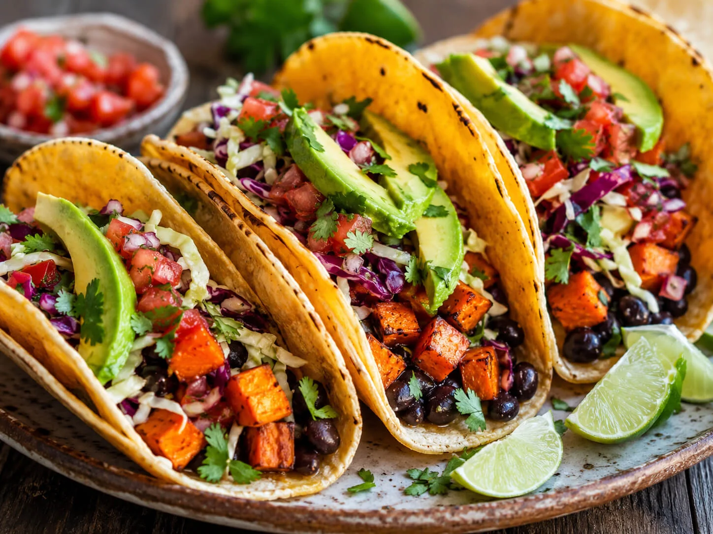 Vegetarian tacos with black beans, roasted sweet potatoes, avocado, cabbage slaw, salsa, cilantro, and lime